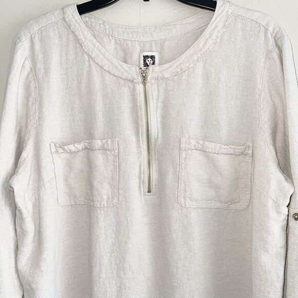 Anne Klein Tunic Top Size XL Popover Neck Gold Zipper Tan Linen Blend Pockets - Picture 3 of 11